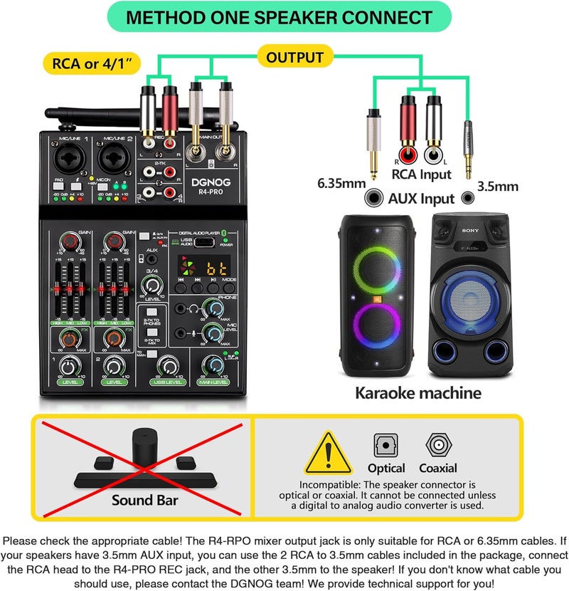 DGNOG Professional Audio Mixer, 4 Channel Sound Mixer With Dual Wireless Mic, Sound Board Console MP3 Bluetooth 48V Phantom Power USB Interface DJ Mixing for Home Karaoke Party Computer Studio Recording - Image 5